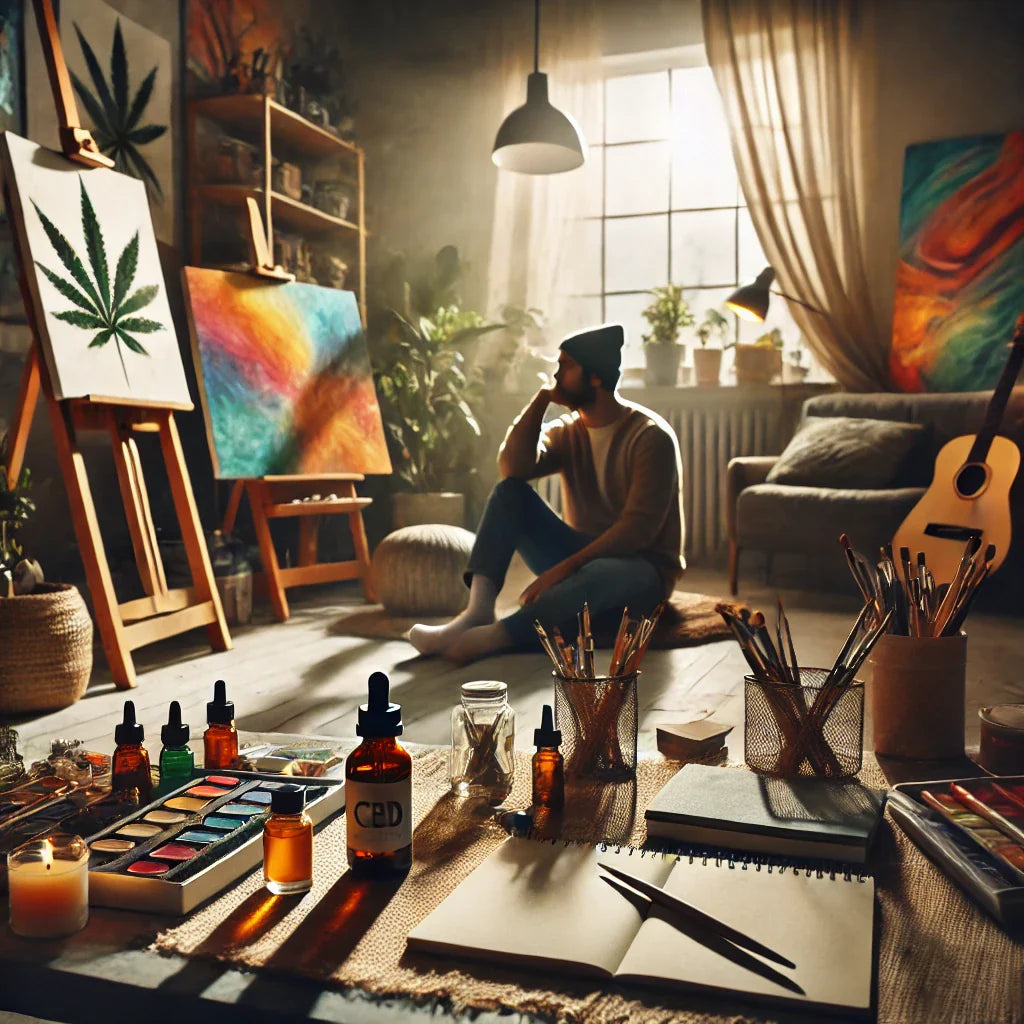 Illustration d'un artiste dans son atelier stimulé par des produits à base de CBD